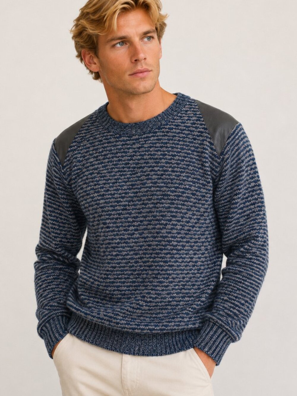 Rafael Italy Blue Gray Mohair Wool Knit Sweater Faux Leathr Patch Crew Neck M